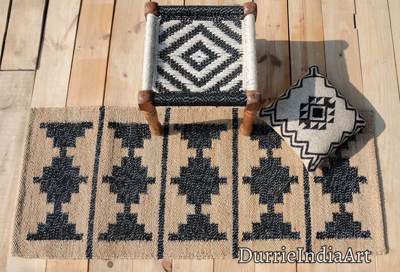 Hemp Stair Rug Runner Ivory & Black Hemp Decor Rug Custom Size Moroccan