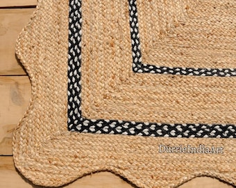 Wavy Edge Jute Rug, Scalloped Bohemian Rug, Hand Braided Jute Scallop Rug, Bohemian Area Rug, Boho Décor Scalloped Rug, Custom Scallop Rug