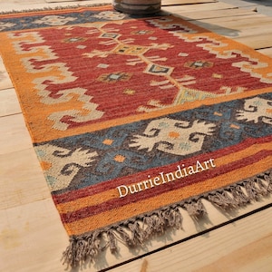 Handmade Navajo Kilim Rug, Aztec Rug, Accent Rug, Outdoor Rug/Indoor Rug, Living/Dinning Room 4X6 Ft. Wool Jute Kilim Rug, Indian DhurrieRug