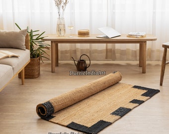 Handwoven Hemp Rug: Natural Black Stripes, Flatweave Area Carpet for Farmhouse Boho Living Room