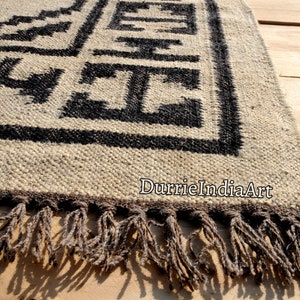Alfombra Kilim grande hecha a mano, tejida a mano, de lana y yute, Kilim Dhurrie, motivos orientales, tradicionales indios, geométricos y turcos. imagen 7