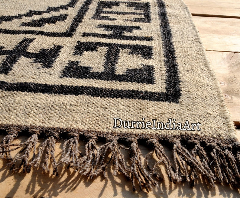 Alfombra Kilim grande hecha a mano, tejida a mano, de lana y yute, Kilim Dhurrie, motivos orientales, tradicionales indios, geométricos y turcos. imagen 7
