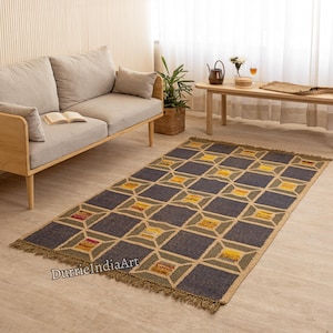 Handgemaakt wollen jute kelimtapijt, Navajo kelimtapijt, vintage kelimtapijt, binnen/buitentapijt, kelimtapijt woonkamer, aangepast formaat tapijt, boho-tapijt