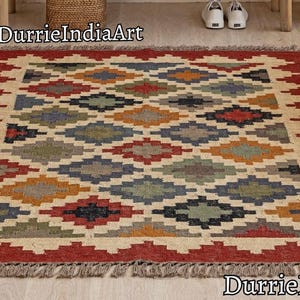 Wool Jute Rug, Handmade Kilim Rug, Kilim Dhurrie Rug, Motifs, Oriental, Traditional Indian, Geometric, Turkish Rug, Custom Rug, Vintage Rug