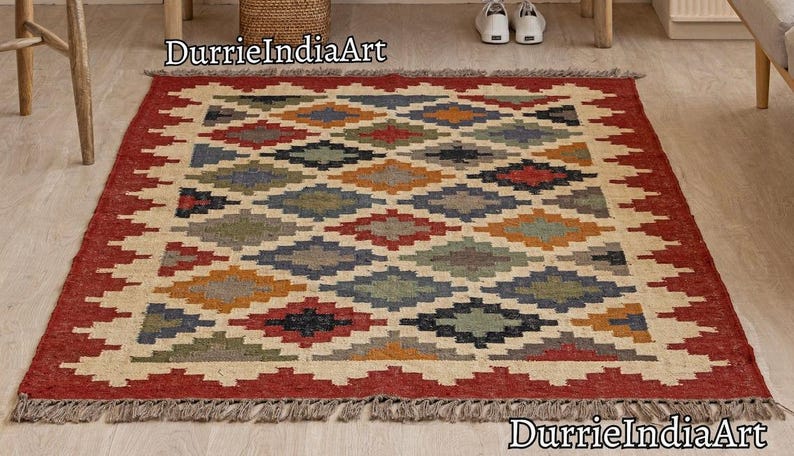 Wool Jute Rug, Handmade Kilim Rug, Kilim Dhurrie Rug, Motifs, Oriental, Traditional Indian, Geometric, Turkish Rug, Custom Rug, Vintage Rug