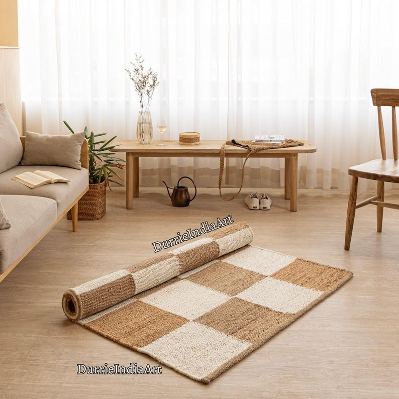 Geometric Rug, Checkered Rug, Checkered Runner Rug, Jute Area Rug, Handmade Rug, Natural Fiber Rug, Boho Home Décor, Eco Friendly Rug, Rustic Décor Rug, Neutral Rug