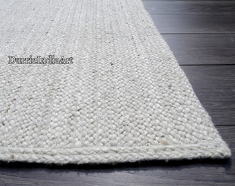 Alfombra de yute boho blanco natural, alfombra de área de yute blanco, alfombra beige marfil, alfombra de tamaño personalizado, alfombra tejida a mano india, alfombra boho, alfombra grande blanca