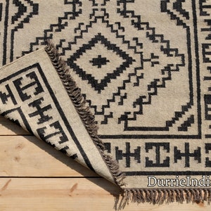 Alfombra Kilim grande hecha a mano, tejida a mano, de lana y yute, Kilim Dhurrie, motivos orientales, tradicionales indios, geométricos y turcos. imagen 5