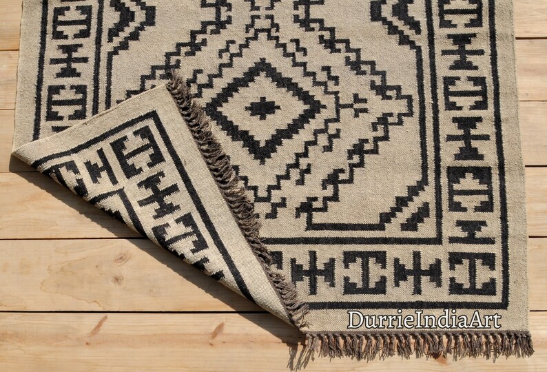 Alfombra Kilim grande hecha a mano, tejida a mano, de lana y yute, Kilim Dhurrie, motivos orientales, tradicionales indios, geométricos y turcos. imagen 5