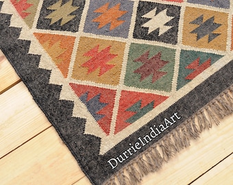 Handwoven Wool Jute Kilim Rug Indian Southwestern Style Kilim Area Rug Vintage Rug Handmade Kilim Dhurrie Rug Motifs Oriental TraditionalRug