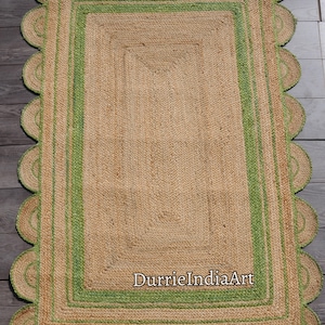 Hand Braided Natural Jute Rug with Green and Red Scallop Scalloped Jute Rug Jute Area Rug Handmade Runner Custom Size Rug Decorative Rug