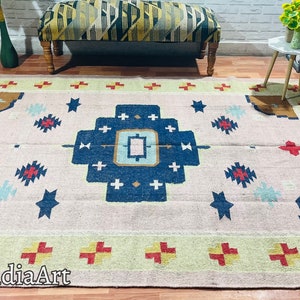 6x9 Ft Kilim Rug, Handwoven, Wool and Jute Rug Handmade, Kilim Dhurrie Rug, Motifs, Oriental, Traditional Indian, Geometric, Turkish, Home