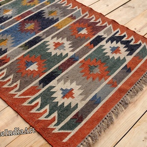 Handmade Navajo Kilim Rug, Aztec Rug, Accent Rug, Outdoor Rug/Indoor Rug, Living/Dinning Room 4X6 Ft. Wool Jute Kilim Rug, Indian DhurrieRug