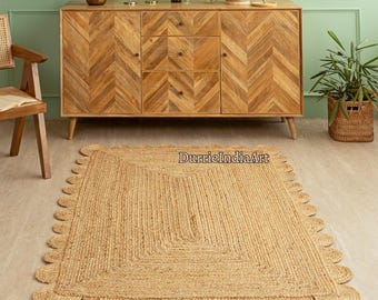 Alfombra festoneada, alfombra festoneada de yute, alfombra bohemia festoneada, alfombra de yute natural, alfombra rectangular de yute, alfombra festoneada de yute, alfombra personalizada