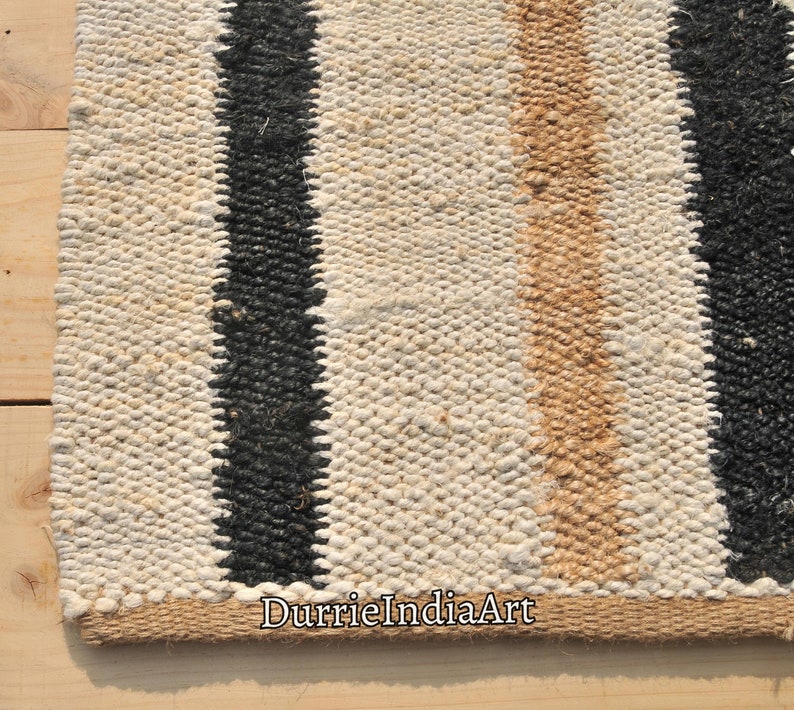 Thick Durable Hand Loomed off White Jute Hemp Runner/rug With Black