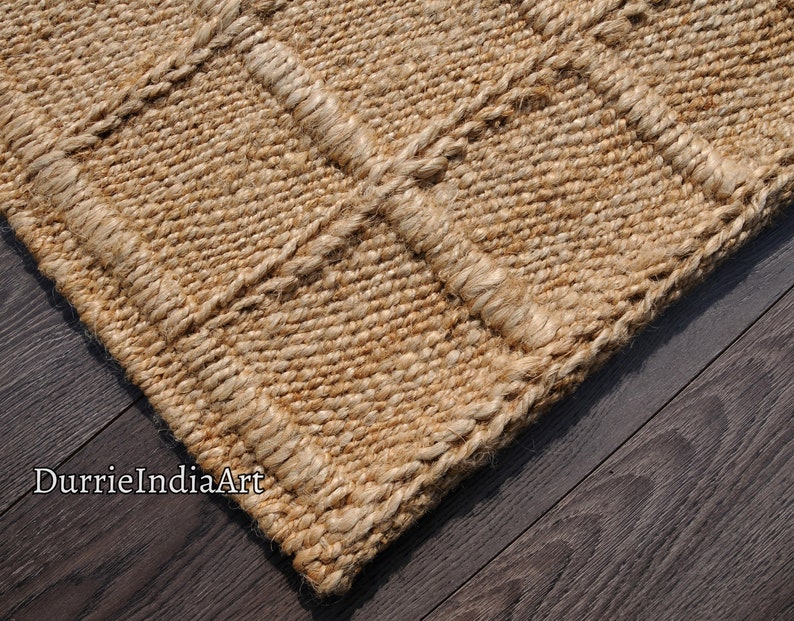 Handvävd hampamatta Dhurrie, naturlig jute, handflätad hampamatta, hampajutematta, sängmatta i jute, löpare i jute, traditionell, naturlig Natural/Beige