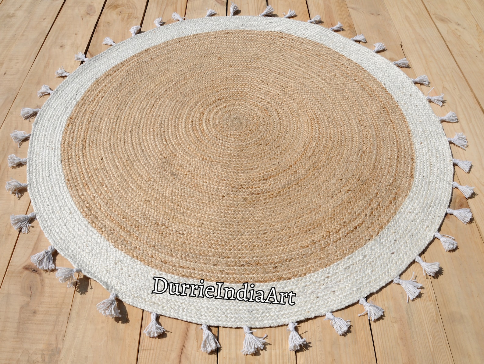 Round Jute Rug - White Tassels Round Rug, Boho Round Rug, Natural Jute ...