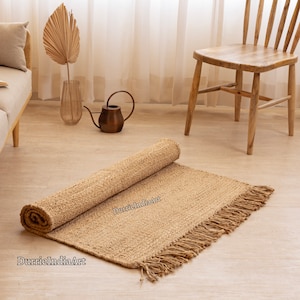 Handmade Woven Natural Jute Rugs With Fringe - Extra Large Natural Rug For Kitchen-Jute Area Rug 8x10 Ft-Tan Rug 10x14 Solid-Hemp Area Rug