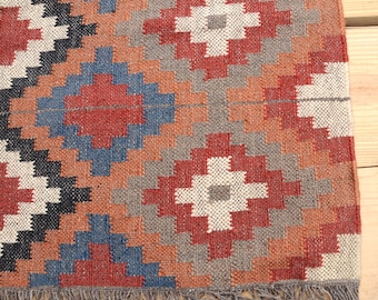 Handwoven Wool Jute Kilim Rug, Geometric Dhurrie, Rajasthani Design