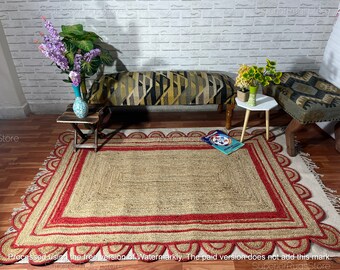 Alfombra de yute festoneada hecha a mano – Alfombra estilo bohemio, tamaño personalizado