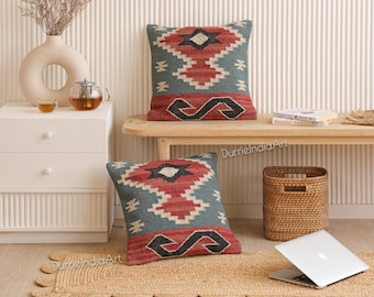 Vintage Kelim örngott set marockanska golvkuddar boho överdrag, linneörngott, handvävt ulljute kuddfodral, 4 st 45 x 45 cm