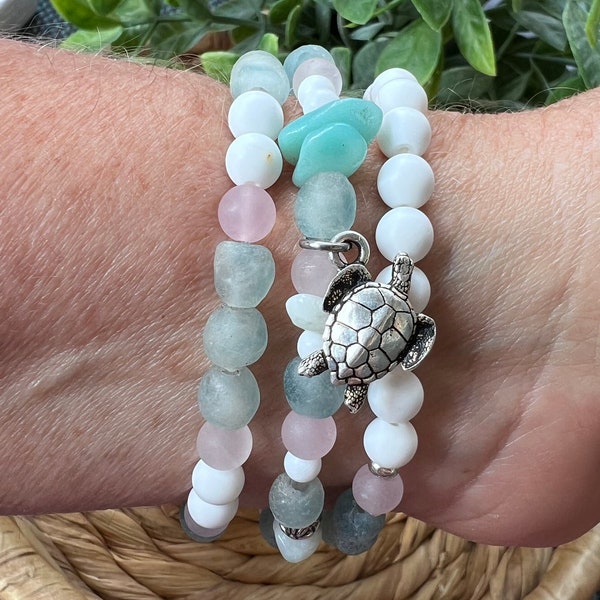 Seaglass and Shell Calming Bracelets *Free Shipping* Made of White Shell and African Cultured Glass in shades of Aqua Blue and Green.