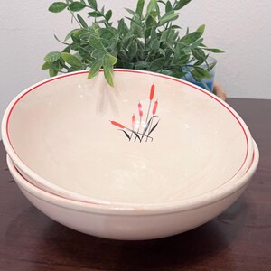 Puede incluir: Dos cuencos de cerámica blanca con un borde rojo y un diseño floral simple en negro y rojo. Los cuencos están apilados uno encima del otro.