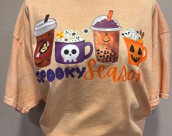 Spooky Season Coffee Tee, Halloween Latte Shirt, Autumn Beverage Top