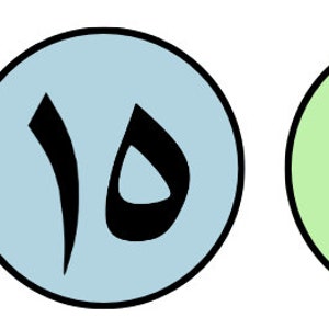 May include: Two round, colourful stickers with Arabic numerals. The first sticker is light blue with the number "15" in black. The second sticker is light green with the number "11" in black.
