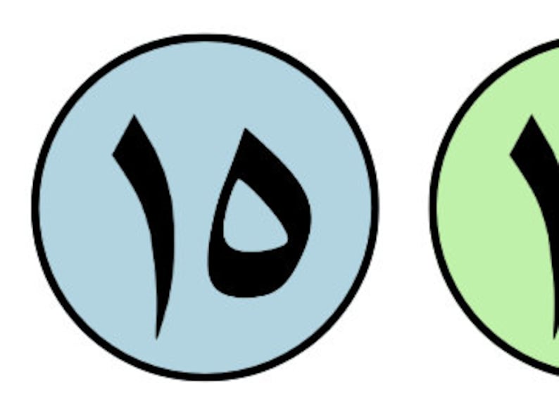 May include: Two round, colourful stickers with Arabic numerals. The first sticker is light blue with the number "15" in black. The second sticker is light green with the number "11" in black.
