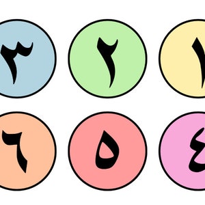 May include: Six colourful circles with Arabic numerals 1 through 6 written in black inside each circle.