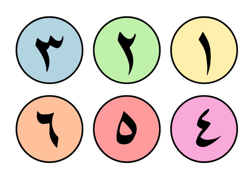 May include: Six colourful circles with Arabic numerals 1 through 6 written in black inside each circle.