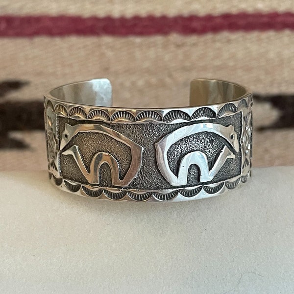 Navajo Spirit Bear Authentic Native American Sterling Silver Cuff Bracelet