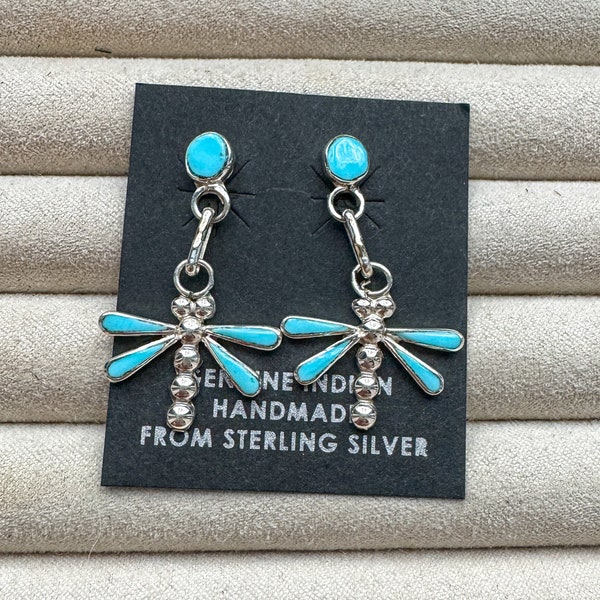 Zuni Turquoise Sterling Silver Dragonfly Earrings Native American Handmade by Erline Edaakie