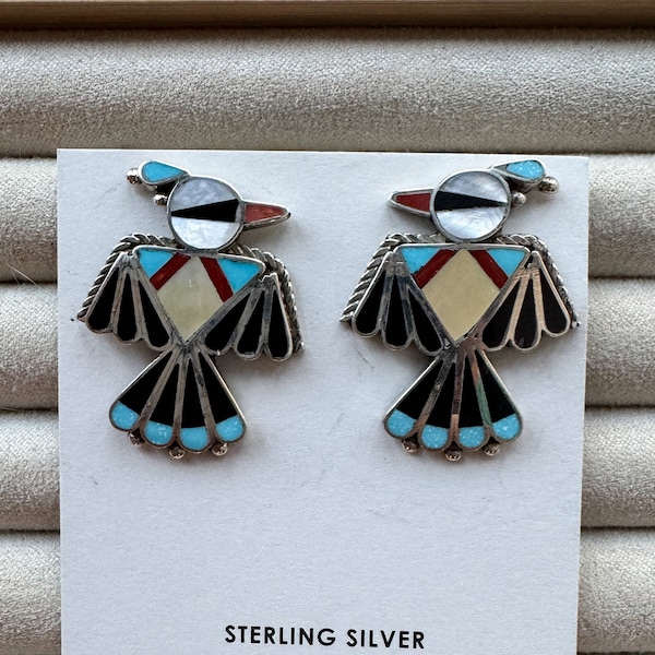 Zuni Thunderbird Earrings Sterling Silver Onyx Turquoise Mother of Pearl Native American Handmade by Adrian Wallace