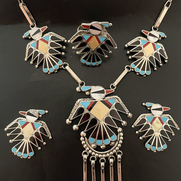 Zuni Thunderbird Necklace, Earrings, and Ring Set. Sterling silver, coral, onyx, and mother of pearl by Adrian Wallace
