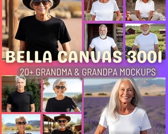 Bella Canvas 3001 T-shirt Mockup Bundle Older Mature Men & Women Models Bella Canvas 3001 - 20+ White and Black Tee Senior Digital Mock Ups