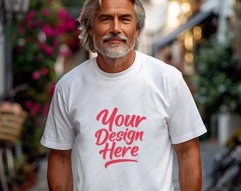 Senior Man T-shirt Mockup Grandfather Bella Canvas 3001 Grandpa White T-shirt Mockup Grandpa Senior Male Mockup Daddy Shirt JPG Men Tee