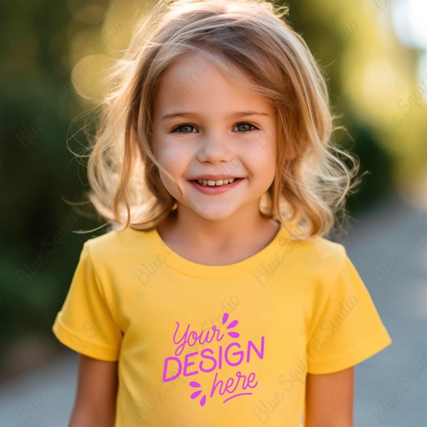 Kid Girl Yellow T-Shirt Mockup Summer Themed Bella Canvas 3001 Child Mockup Yellow Tee Baby Girl Mockup Toddler Yellow Shirt Graphic Design