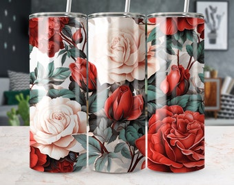 Red and White Roses Tumbler Wrap Watercolor Flowers 20 oz Skinny Tumbler Sublimation Design Digital White Red Floral Tumbler PNG Download