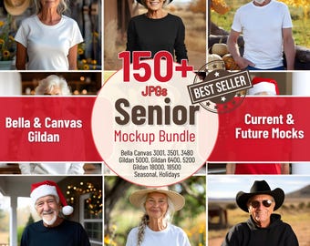 Senior Mockup Bundle Older Women Men 150+ Mocks - Bella Canvas 3001, 3501, Gildan 18000, 18500, Grandma Grandpa T-shirt Hoodie Mockup Bundle