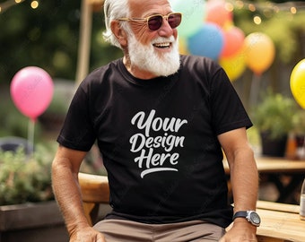 Older Man Bella Canvas 3001 T-shirt Mockup Grandpa Birthday Black Shirt Mock up  Grand Father's Day Mockup Senior Retirement Party Tshirt