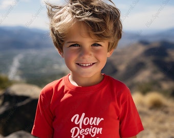 Boy Bella Canvas 3001 Red T-Shirt Mockup Kid T-Shirt Mockup Toddler Boy Red Tee Mockup Kids Outdoor Mockup Youth Boy Summer Mockup JPG