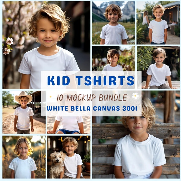 Kid T-shirt Mockup Boy White T-shirt Mockup Bundle Outdoor Nature Child Tee Mockup Image Bella Canvas 3001 Summer Mockup Toddler Model