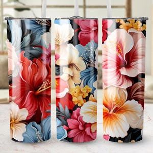 May include: Three stainless steel tumblers with a floral design. The tumblers feature a variety of red, pink, yellow, and white hibiscus flowers on a dark background.
