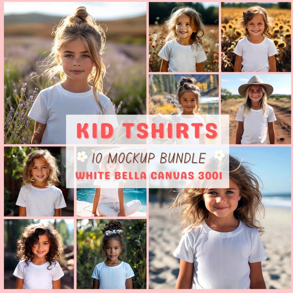 Kid Girl White T-Shirt Mockup Bundle, High-Resolution Bella Canvas 3001 Children's Tee Mockups JPGs Instant Digital Download