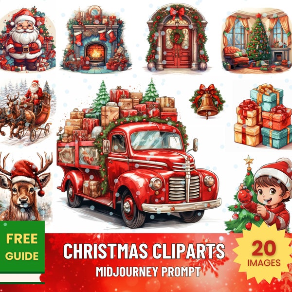 Christmas Clipart Midjourney Prompt Holiday Illustrations Xmas AI Art Festive Clipart Prompt 20 Images Christmas Tree Santa Snowman Winter