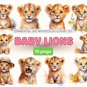 Watercolor Baby Lions Clipart Set Cute Lion Cubs Watercolor Lions PNG Digital Art Baby Lion Nursery Wall Art Safari Animals Lion Baby Shower