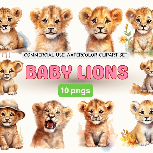 Watercolor Baby Lions Clipart Set Cute Lion Cubs Watercolor Lions PNG Digital Art Baby Lion Nursery Wall Art Safari Animals Lion Baby Shower
