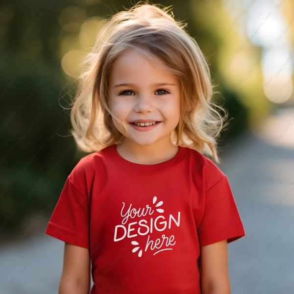 Kid Girl Red T-Shirt Mockup Summer Outdoor Bella Canvas 3001 Child Mockup Red Tee Baby Girl Mockup Template Toddler Red Shirt Graphic JPG